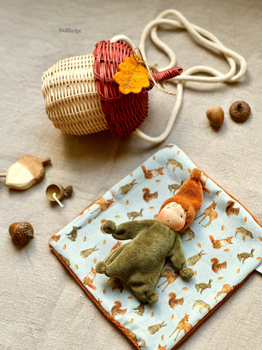 Tiny Gnome in Wicker Acorn Bag